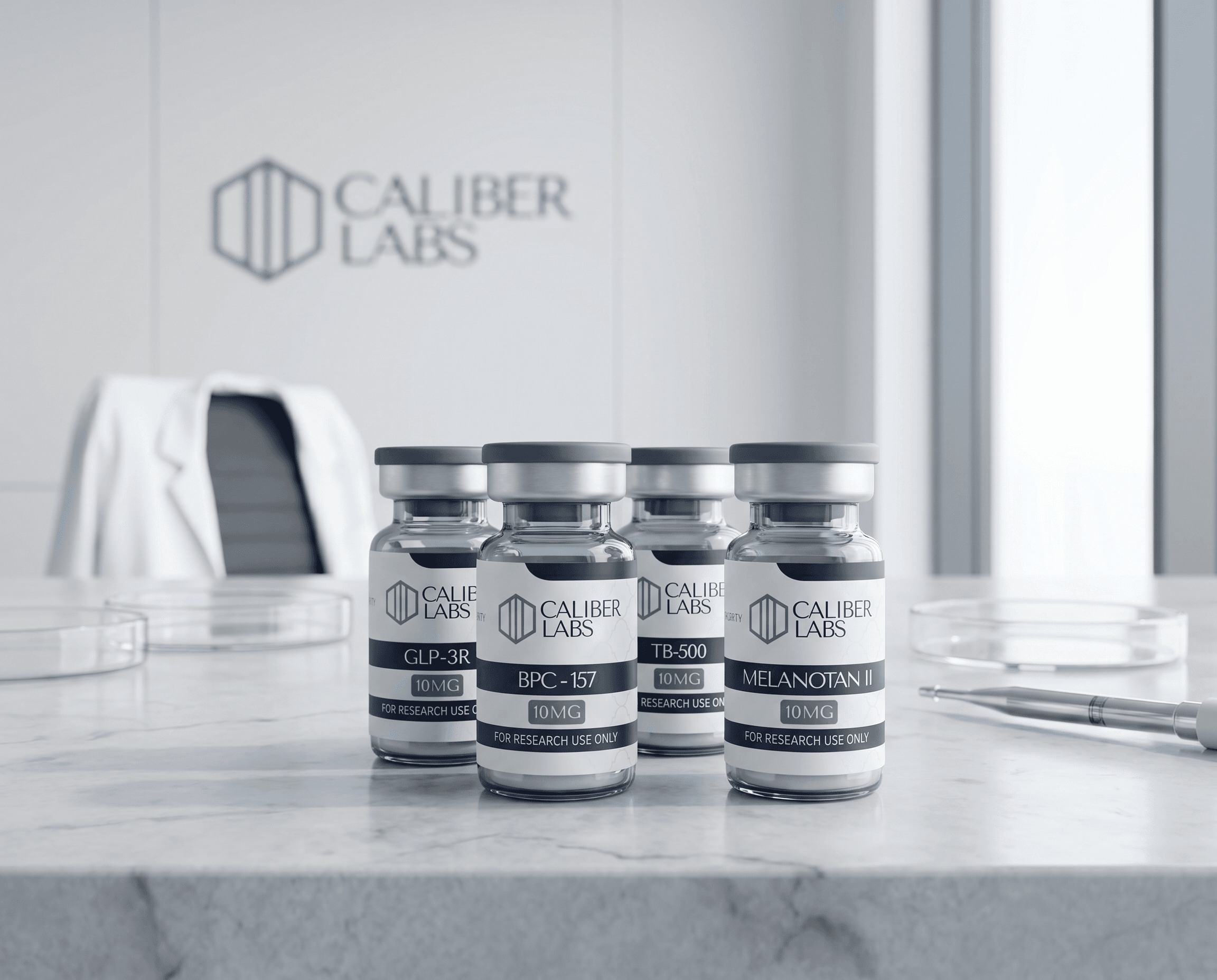 Caliber Labs research peptide vials displayed in a laboratory setting